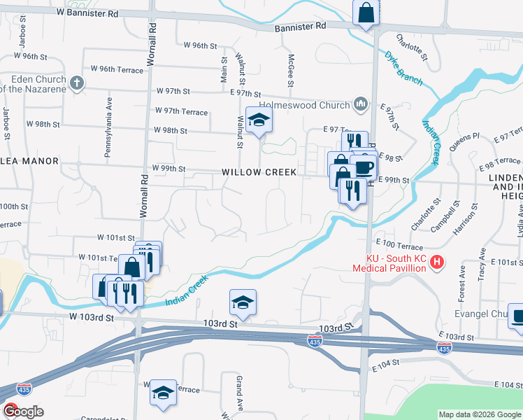 map of restaurants, bars, coffee shops, grocery stores, and more near 9919 McGee Street in Kansas City
