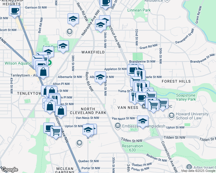map of restaurants, bars, coffee shops, grocery stores, and more near 3564 Alton Place Northwest in Washington