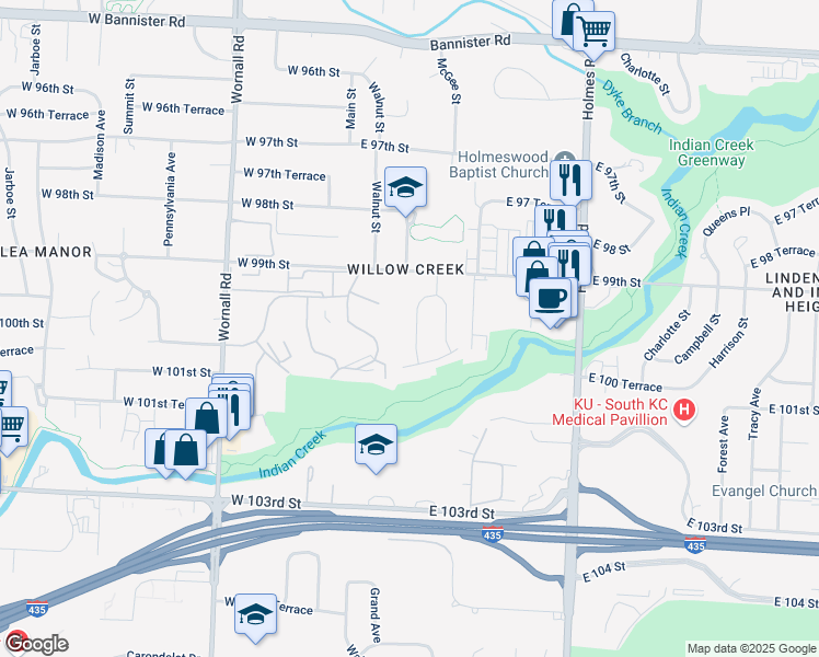 map of restaurants, bars, coffee shops, grocery stores, and more near 9919 McGee Street in Kansas City