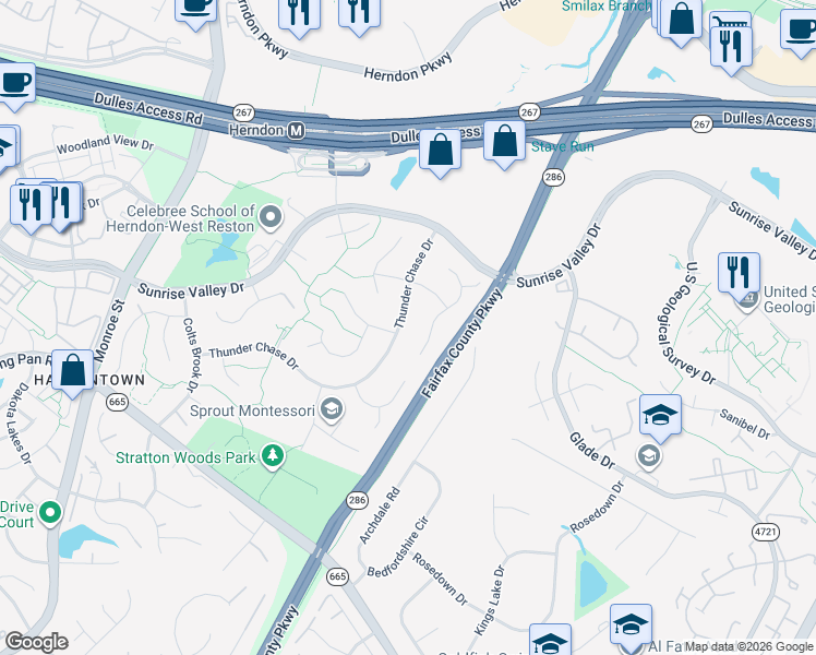 map of restaurants, bars, coffee shops, grocery stores, and more near 12611 Thunder Chase Drive in Reston
