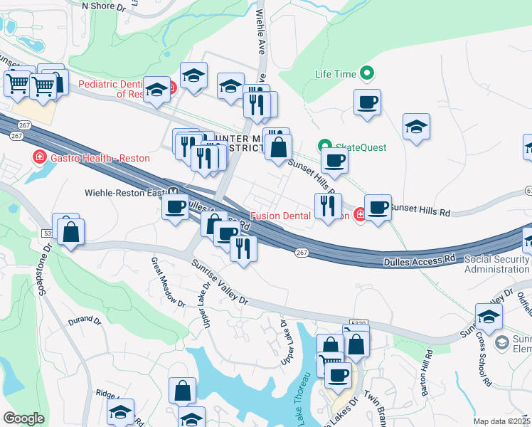 map of restaurants, bars, coffee shops, grocery stores, and more near 11230 Faraday Park Drive in Reston