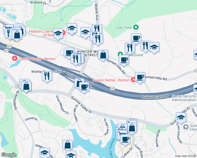 map of restaurants, bars, coffee shops, grocery stores, and more near 11230 Faraday Park Drive in Reston