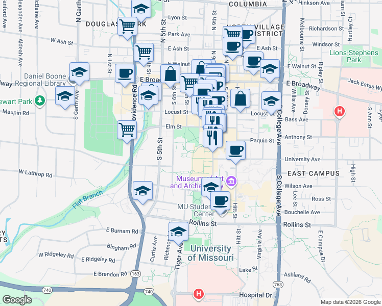 map of restaurants, bars, coffee shops, grocery stores, and more near 412 South 6th Street in Columbia