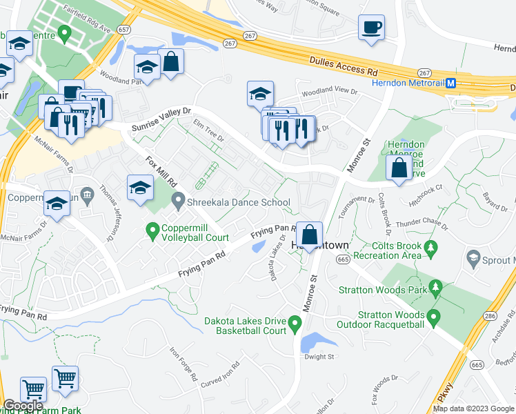 map of restaurants, bars, coffee shops, grocery stores, and more near 13067 Marcey Creek Road in Herndon