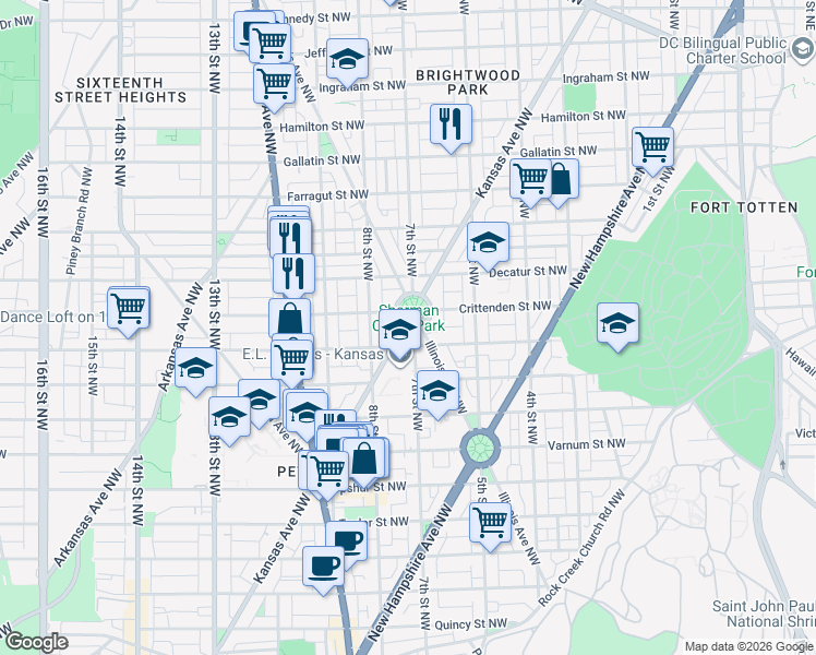 map of restaurants, bars, coffee shops, grocery stores, and more near Sherman Circle Northwest in Washington