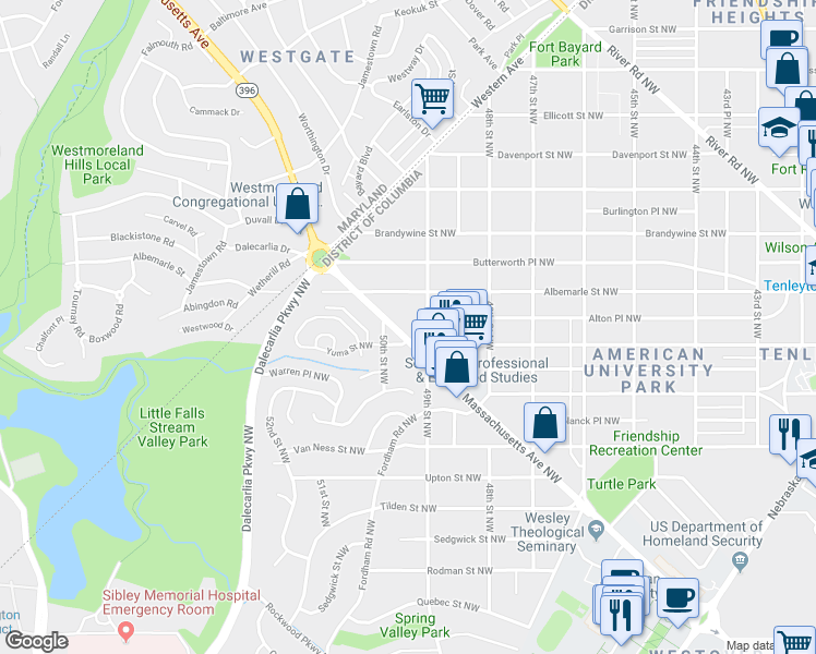 map of restaurants, bars, coffee shops, grocery stores, and more near 4919 Massachusetts Avenue Northwest in Washington
