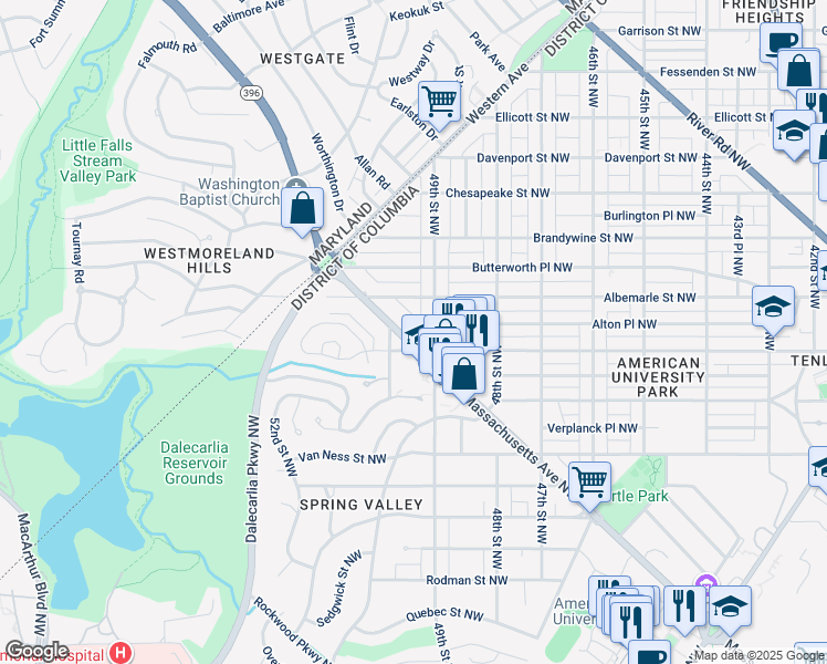 map of restaurants, bars, coffee shops, grocery stores, and more near 4919 Massachusetts Avenue Northwest in Washington