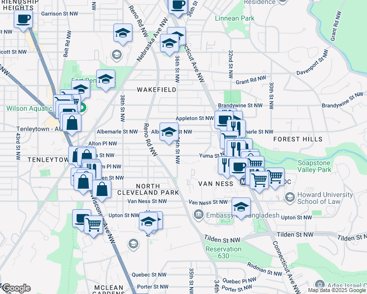 map of restaurants, bars, coffee shops, grocery stores, and more near 3564 Alton Place Northwest in Washington