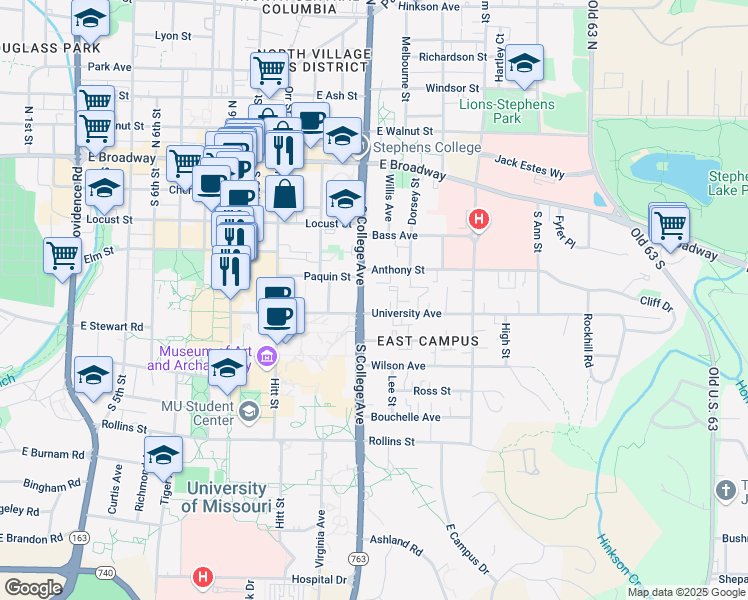 map of restaurants, bars, coffee shops, grocery stores, and more near 1301 University Avenue in Columbia