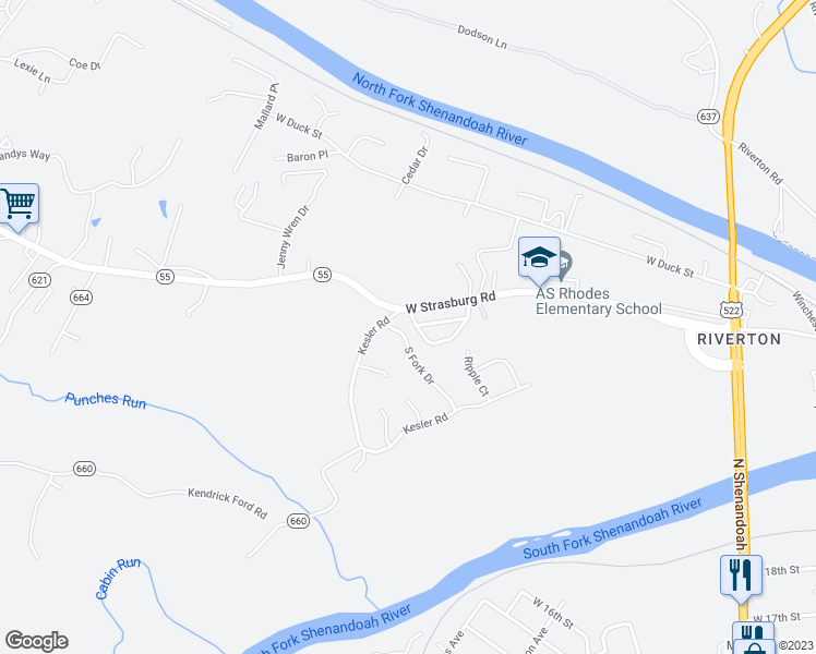 map of restaurants, bars, coffee shops, grocery stores, and more near 1224 South Fork Drive in Front Royal