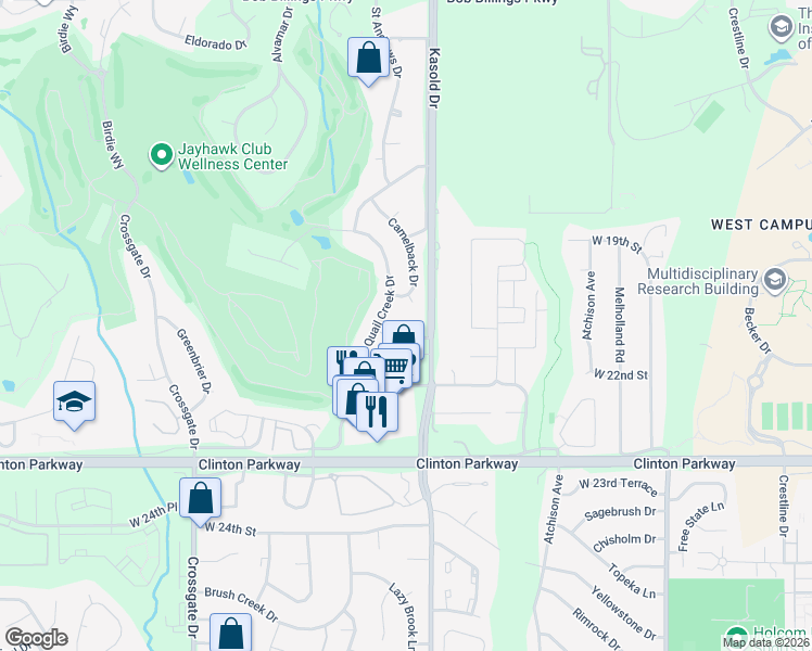 map of restaurants, bars, coffee shops, grocery stores, and more near 3434 Doral Court in Lawrence