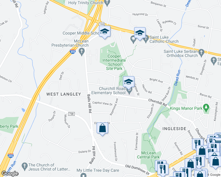 map of restaurants, bars, coffee shops, grocery stores, and more near 7113 Warbler Lane in McLean