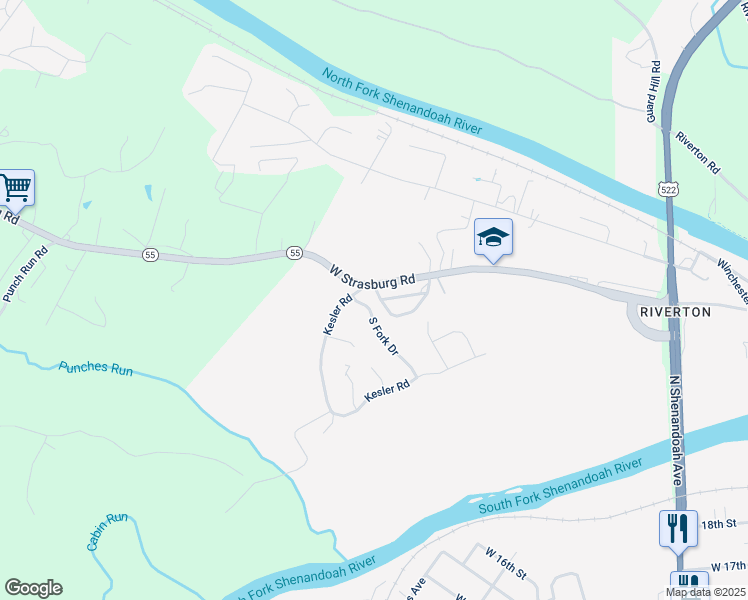 map of restaurants, bars, coffee shops, grocery stores, and more near 1224 South Fork Drive in Front Royal