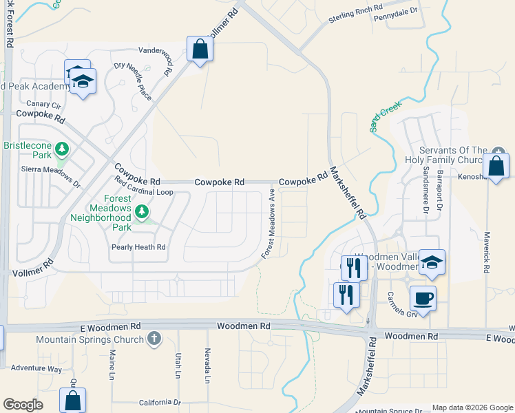 map of restaurants, bars, coffee shops, grocery stores, and more near 7911 Wagonwood Place in Colorado Springs
