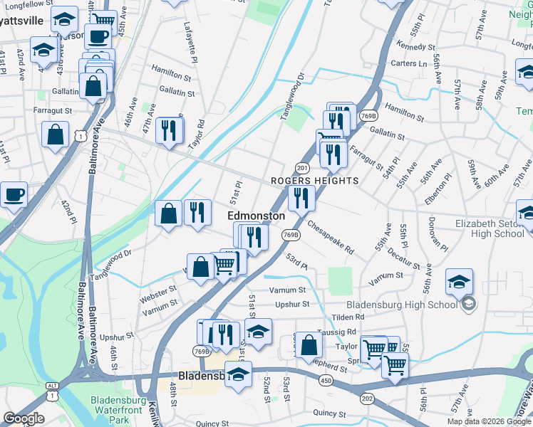 map of restaurants, bars, coffee shops, grocery stores, and more near 101 Independence Avenue Southeast in Washington