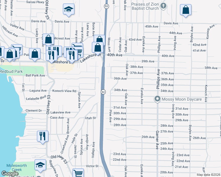 map of restaurants, bars, coffee shops, grocery stores, and more near 5020 Crawford Avenue in Clearlake