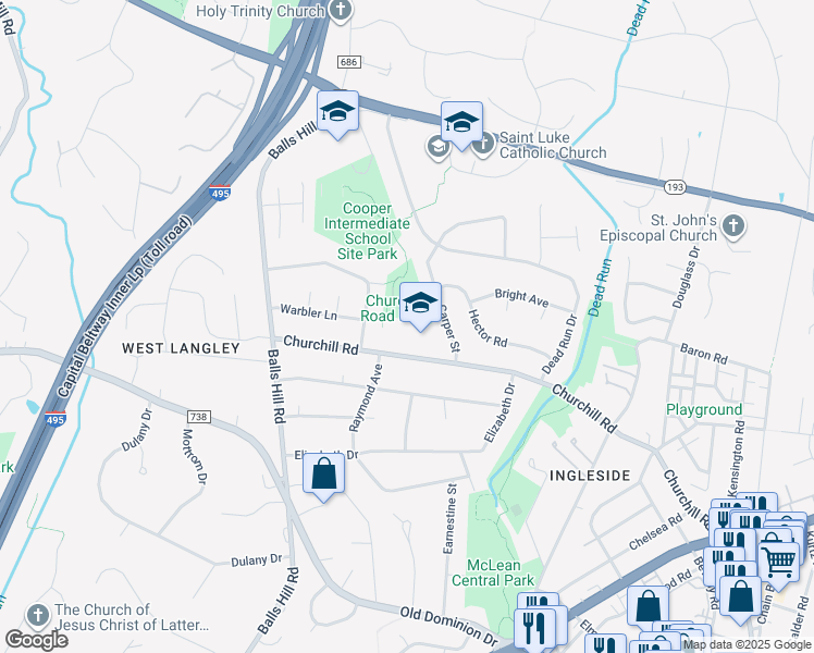 map of restaurants, bars, coffee shops, grocery stores, and more near 7100 Churchill Road in McLean