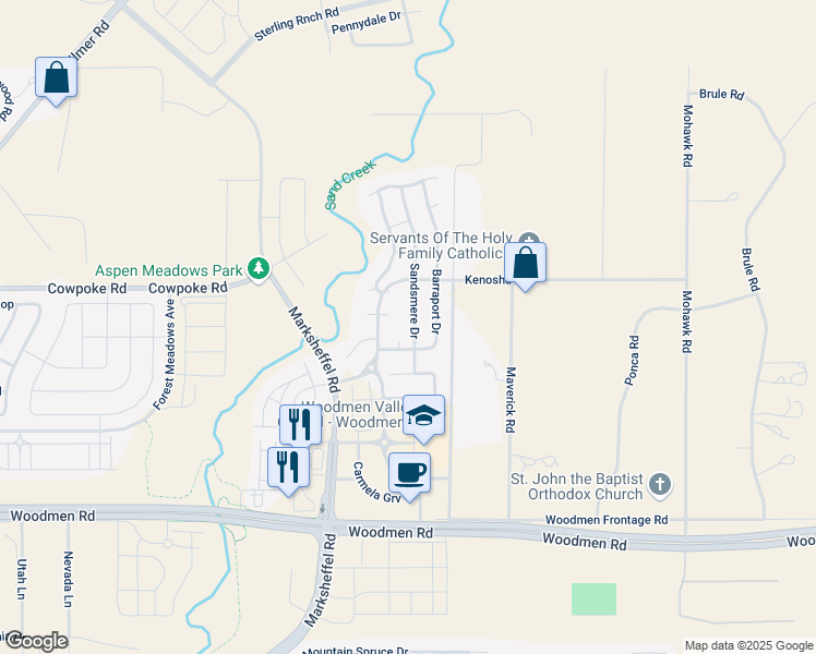 map of restaurants, bars, coffee shops, grocery stores, and more near 7801 Sandsmere Drive in Colorado Springs