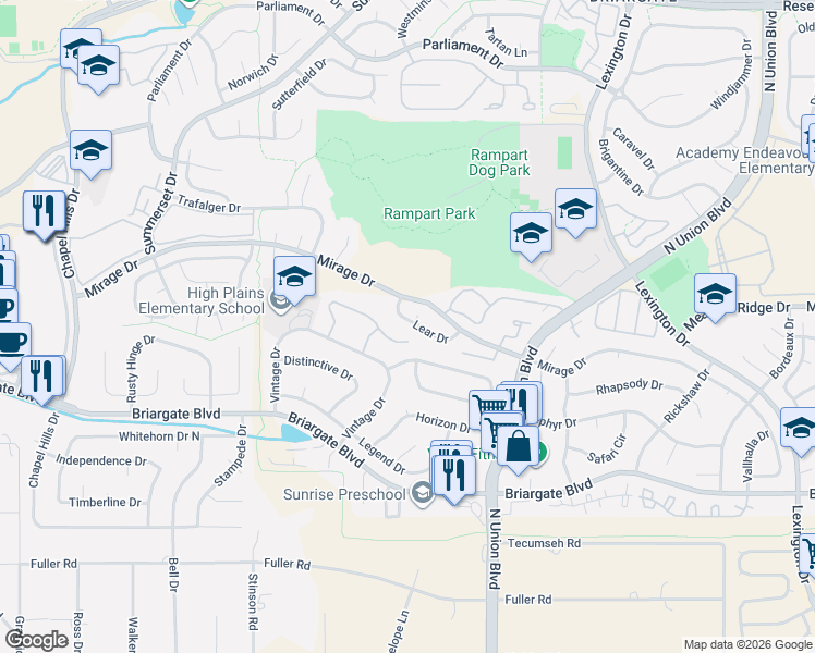 map of restaurants, bars, coffee shops, grocery stores, and more near 7930 Bard Court in Colorado Springs