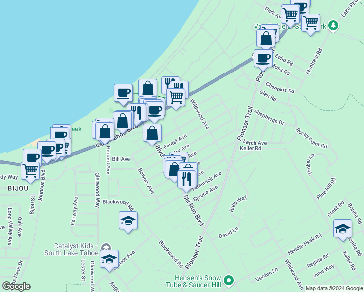 map of restaurants, bars, coffee shops, grocery stores, and more near 3716 Forest Avenue in South Lake Tahoe