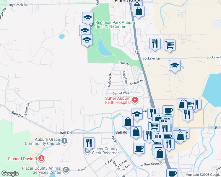 map of restaurants, bars, coffee shops, grocery stores, and more near 11493 Quartz Drive in Auburn