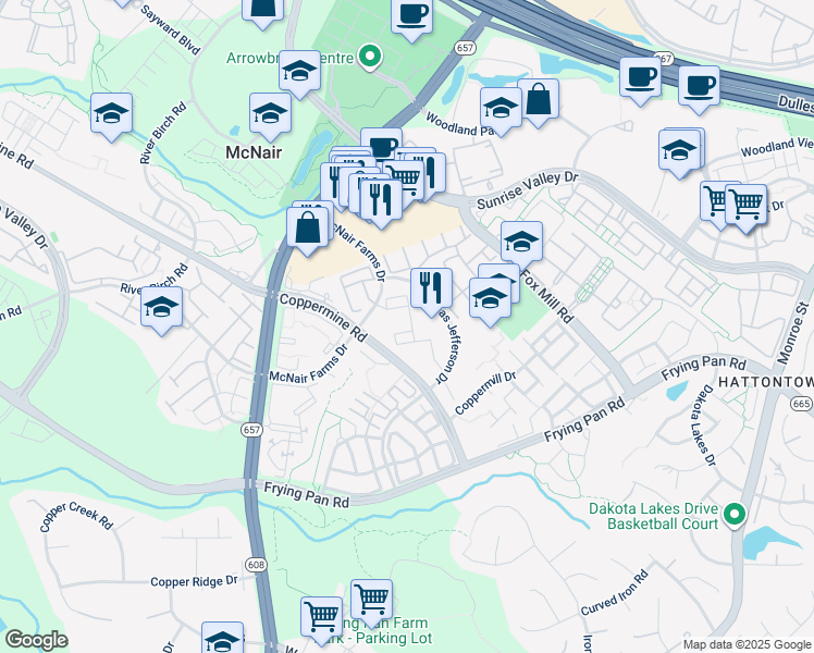 map of restaurants, bars, coffee shops, grocery stores, and more near 2450 Masons Ferry Drive in Herndon