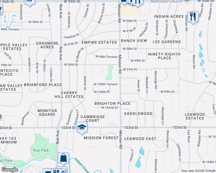 map of restaurants, bars, coffee shops, grocery stores, and more near 3924 West 100th Terrace in Overland Park