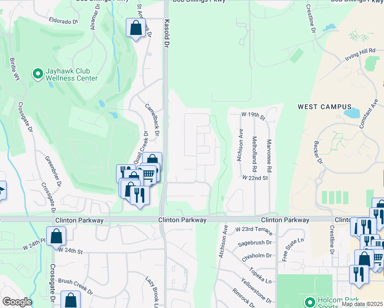 map of restaurants, bars, coffee shops, grocery stores, and more near 2013 Heatherwood Drive in Lawrence