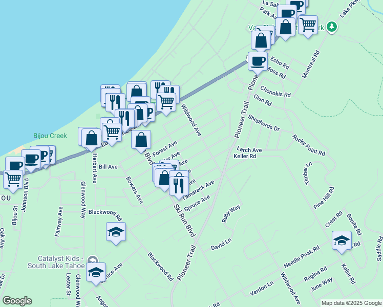 map of restaurants, bars, coffee shops, grocery stores, and more near 3725 Aspen Avenue in South Lake Tahoe