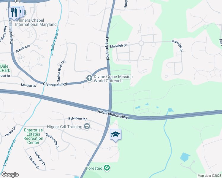 map of restaurants, bars, coffee shops, grocery stores, and more near 4105 Enterprise Road in Bowie