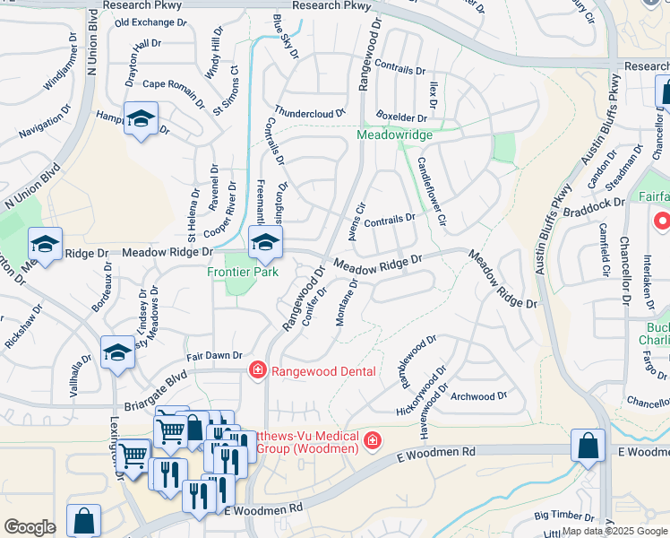 map of restaurants, bars, coffee shops, grocery stores, and more near 7860 Conifer Drive in Colorado Springs