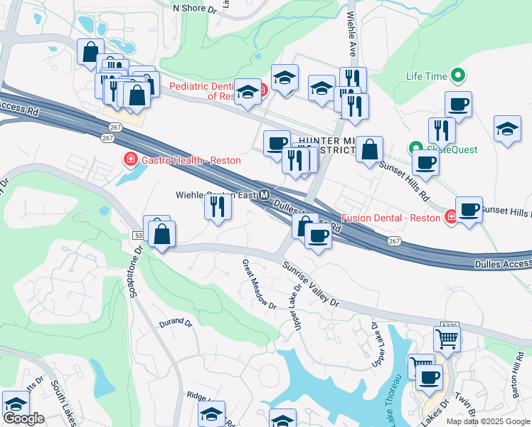map of restaurants, bars, coffee shops, grocery stores, and more near 1864 Wiehle Avenue in Reston