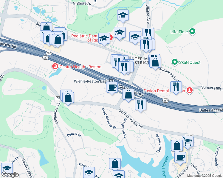 map of restaurants, bars, coffee shops, grocery stores, and more near 1864 Wiehle Avenue in Reston
