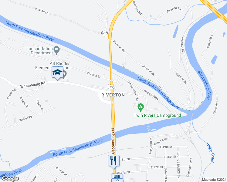 map of restaurants, bars, coffee shops, grocery stores, and more near 93812 North Shenandoah Avenue in Front Royal