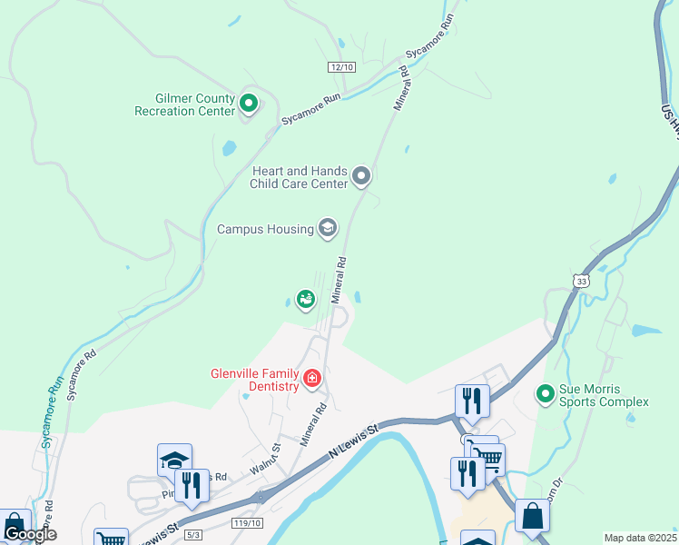map of restaurants, bars, coffee shops, grocery stores, and more near County Route 119/8 in Gilmer County