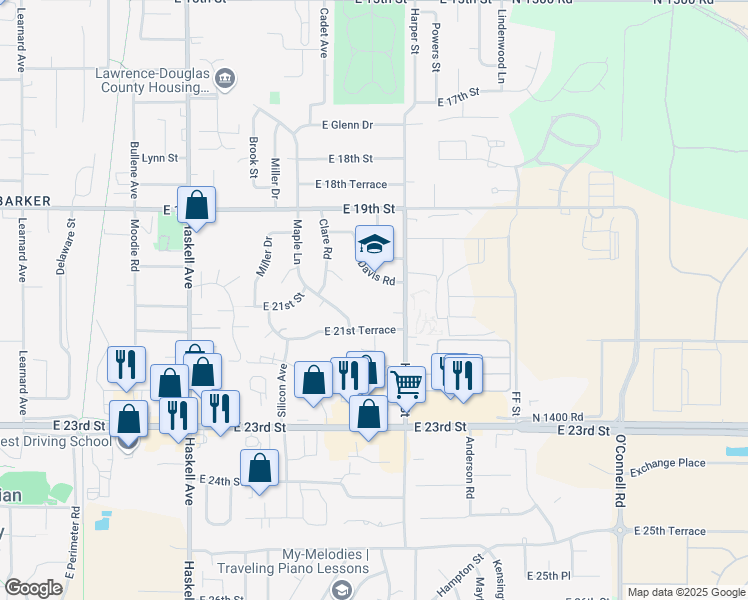 map of restaurants, bars, coffee shops, grocery stores, and more near 1605 Davis Road in Lawrence
