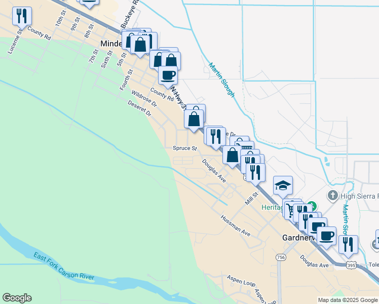 map of restaurants, bars, coffee shops, grocery stores, and more near 1511 Wildrose Drive in Gardnerville