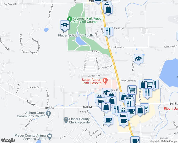 map of restaurants, bars, coffee shops, grocery stores, and more near 11522 Quartz Drive in Auburn