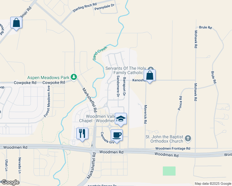 map of restaurants, bars, coffee shops, grocery stores, and more near 7801 Sandsmere Drive in Colorado Springs