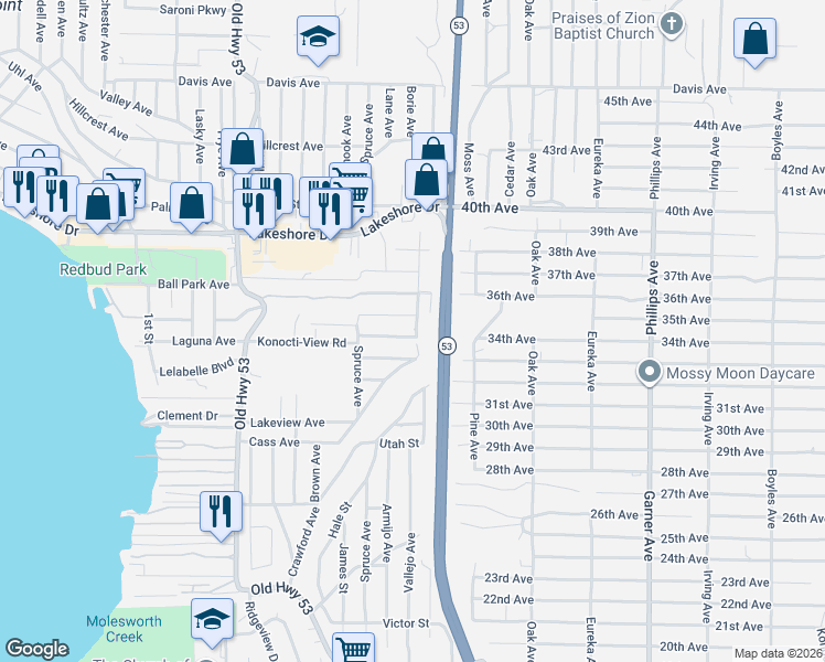 map of restaurants, bars, coffee shops, grocery stores, and more near 15394 Stanyon Street in Clearlake