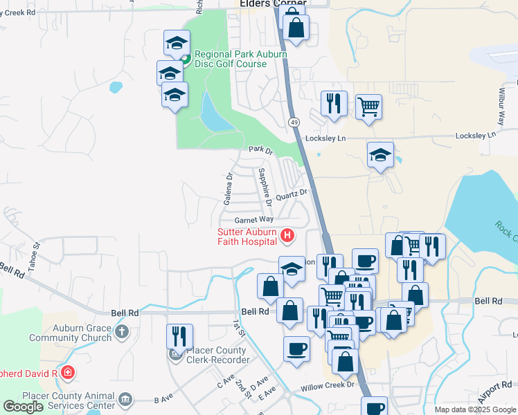 map of restaurants, bars, coffee shops, grocery stores, and more near 11582 Quartz Drive in Auburn