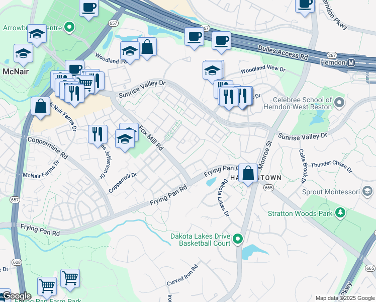 map of restaurants, bars, coffee shops, grocery stores, and more near 2422 cypress Green Lane in Herndon