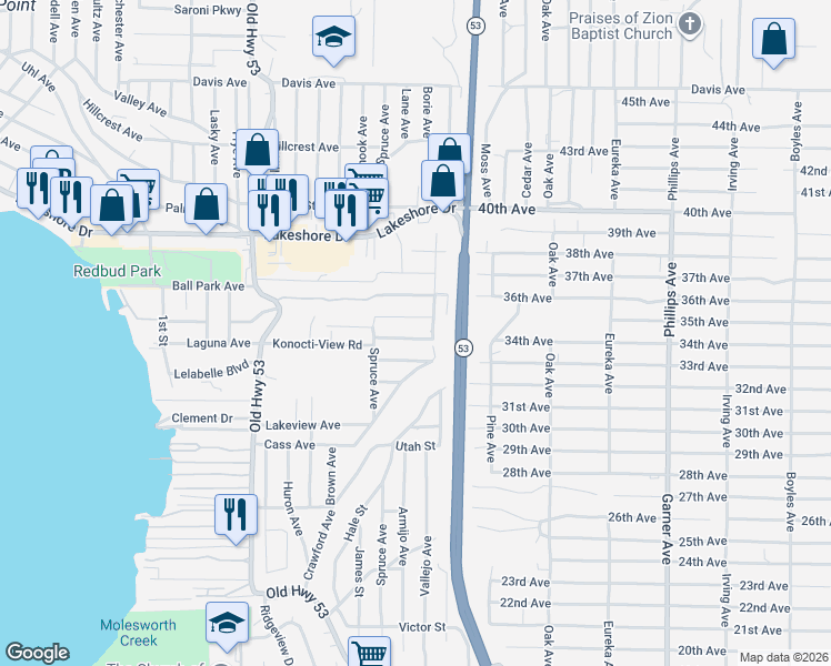 map of restaurants, bars, coffee shops, grocery stores, and more near 15394 Stanyon Street in Clearlake