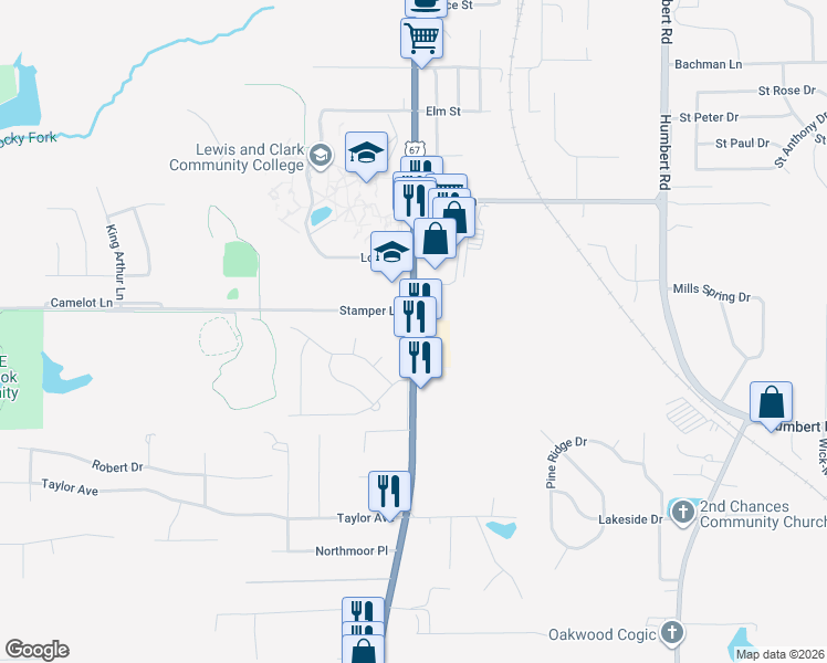 map of restaurants, bars, coffee shops, grocery stores, and more near 5600 Godfrey Road in Godfrey