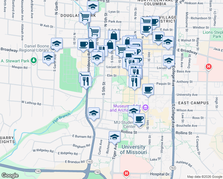 map of restaurants, bars, coffee shops, grocery stores, and more near 412 South 6th Street in Columbia