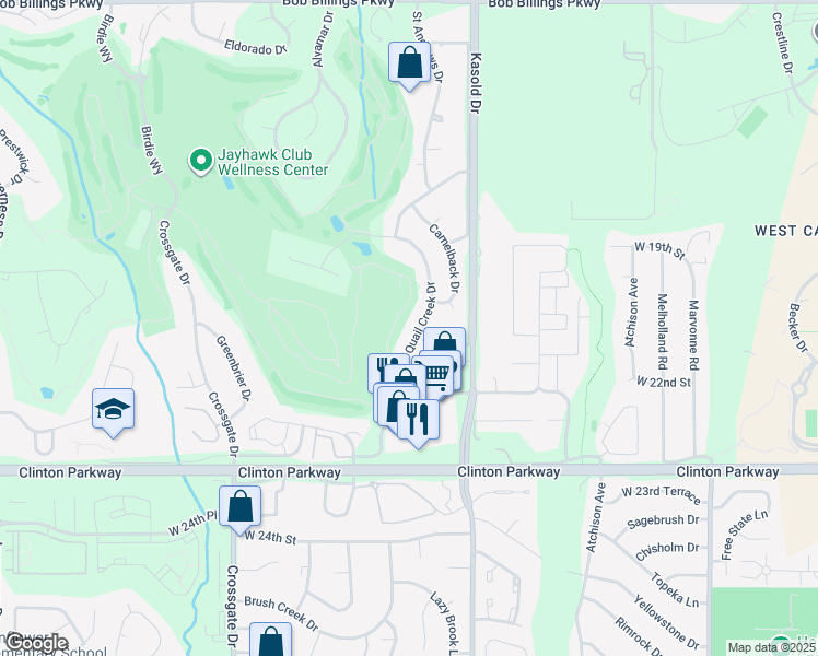 map of restaurants, bars, coffee shops, grocery stores, and more near 2105 Quail Creek Drive in Lawrence