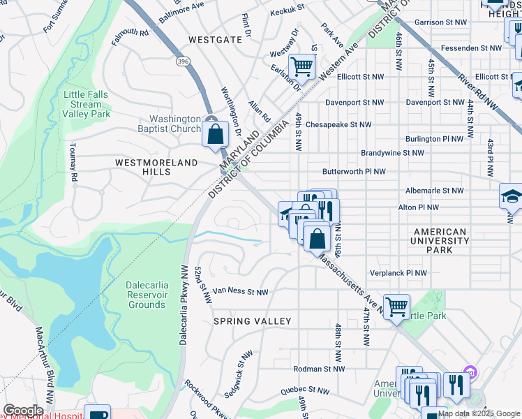 map of restaurants, bars, coffee shops, grocery stores, and more near 5002 Massachusetts Avenue Northwest in Washington