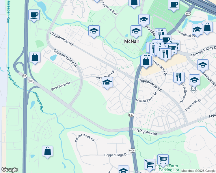 map of restaurants, bars, coffee shops, grocery stores, and more near 13617 Beckingham Drive in Herndon