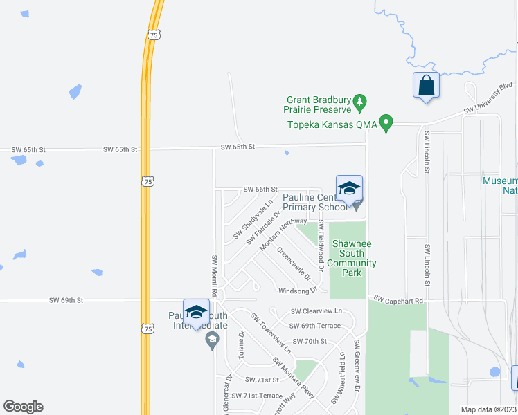 map of restaurants, bars, coffee shops, grocery stores, and more near 6625 Southwest Shadyvale Lane in Topeka
