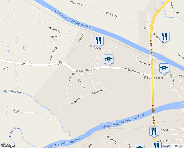 map of restaurants, bars, coffee shops, grocery stores, and more near 1269 Valley View Drive in Front Royal